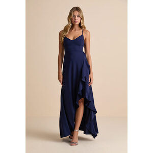 Lulus Caryl Dark Navy Ruffled Tulip High-low Maxi Dress Blue - Size L